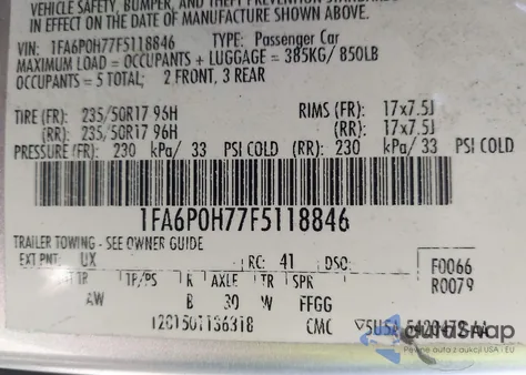 2015 Ford Fusion Se z USA, uszkodzony, nr VIN 1FA6P0H77F5118846